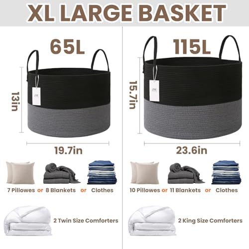 JMvicyroam 65L Extra Large Machine Washable Cotton Rope Blanket Basket - Image 3