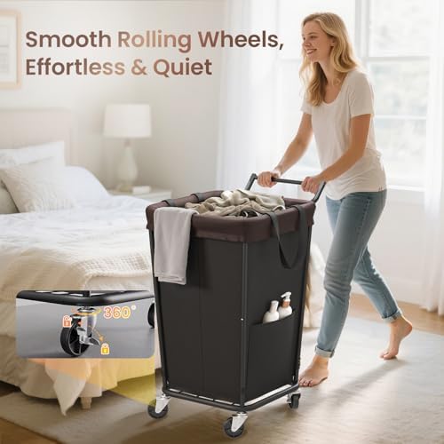160L Laundry Hamper with Wheels and Handle, 2-Section Rolling Hamper - Image 3