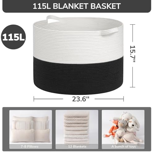 INDRESSME 115L Extra Large Woven Rope Blanket Basket Living Room WhiteBlack - Image 2