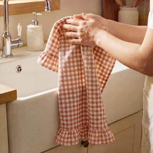 HunnmingRe 2 Pcs Orange Gingham Kitchen Towels Cotton Ruffled - Image 4