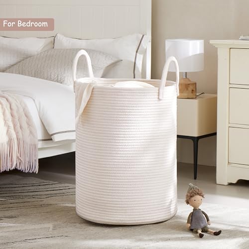 80L Large White Laundry Hamper Basket Woven Rope Tall Hamper - Image 2