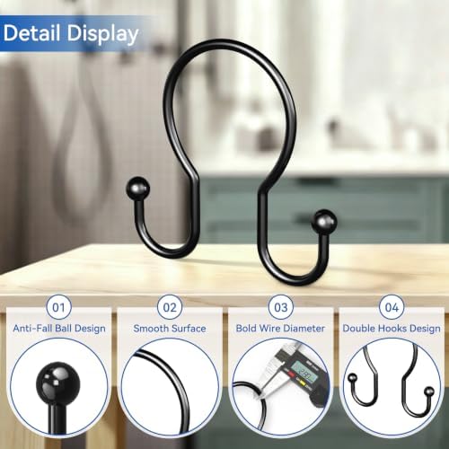 OEH Shower Curtain Hooks, Metal Shower Curtain Hangers, Double Hook Black - Image 4