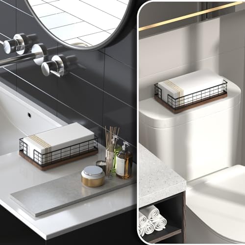 Wican Guest Towel Holder Tray for Bathroom, Oak and Iron Napkins Holder - Image 2