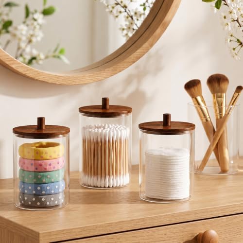 Glass Qtip Holder with Acacia Wood Lids, 10 oz Apothecary Jars, 2 Pack - Image 6
