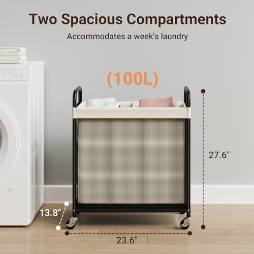 ELYKEN Laundry Hamper 2 Section, 100L Rolling Laundry Sorter - Image 3