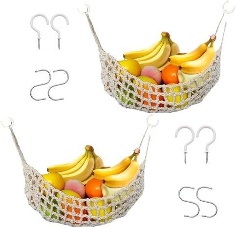 2 Pack Macrame Woven Hanging Fruit Hammock, 13×16in Beige Net by UlifeBetter