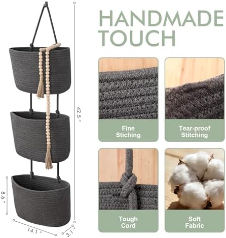 Wall Hanging Rope Baskets 3-Tier Boho Organizers - Image 3