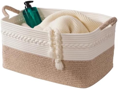 Decorative laundry basket with handles woven from natural cotton rope storage by Unknown