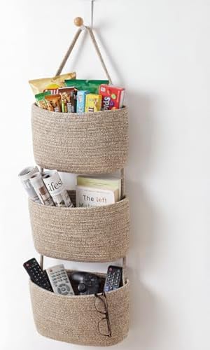 Over the Door Hanging Basket for Organizing 3 Tiers Woven Cotton Rope Wall - Image 5