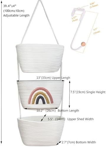 Over the Door Hanging Basket for Organizing 3 Tiers Woven Cotton Rope Wall - Image 3