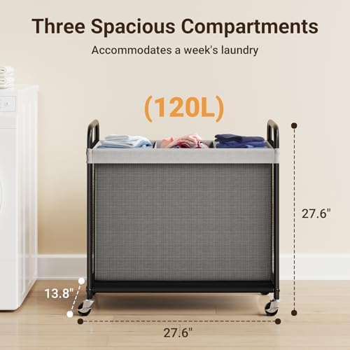 ELYKEN Laundry Hamper 3 Section, 120L Rolling Laundry Sorter - Image 3