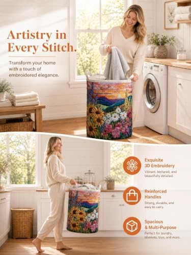 Quilted Laundry Basket with Handles, Boho Floral Quilted Storage Hamper - Image 3