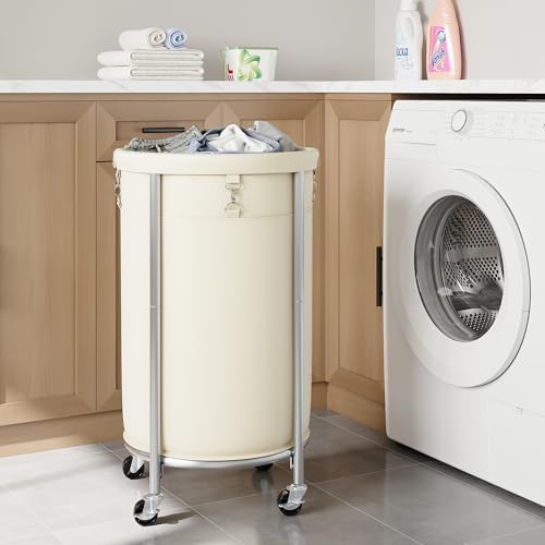 ELYKEN Laundry Basket with Wheels, Round Rolling Laundry Hamper - Image 2