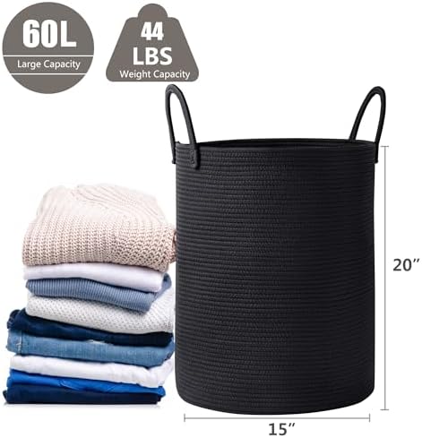 60L Black Laundry Basket Hamper Woven Rope Clothes hamper - Image 3