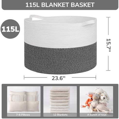 INDRESSME 115L Extra Large Woven Rope Blanket Basket Living Room - Image 2