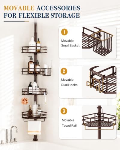 SEIRIONE Corner Shower Caddy Tension Pole, Quick Setup, Rust-Free Bathroom - Image 4
