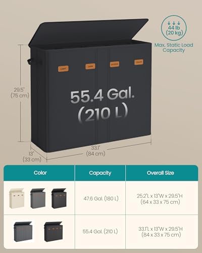SONGMICS 210L Laundry Hamper, 4-Compartment Laundry Sorter - Image 6