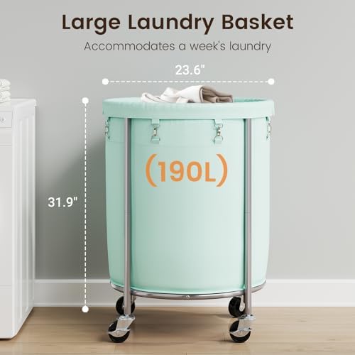 ELYKEN Laundry Basket with Wheels, Round Rolling Laundry Hamper, Mint Green - Image 3