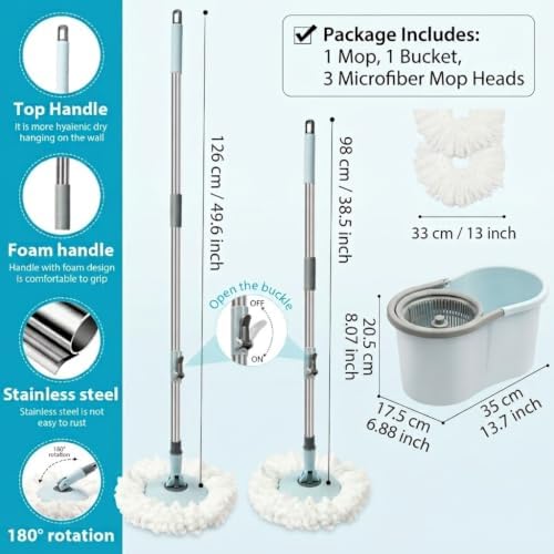 Spin Mop and Bucket with Wringer Set, 3 Mop Heads - Image 2