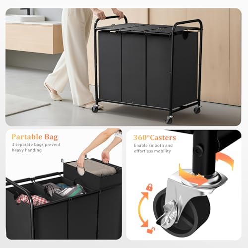 180L Laundry Sorter 3 Section, Rolling Laundry Basket - Image 3