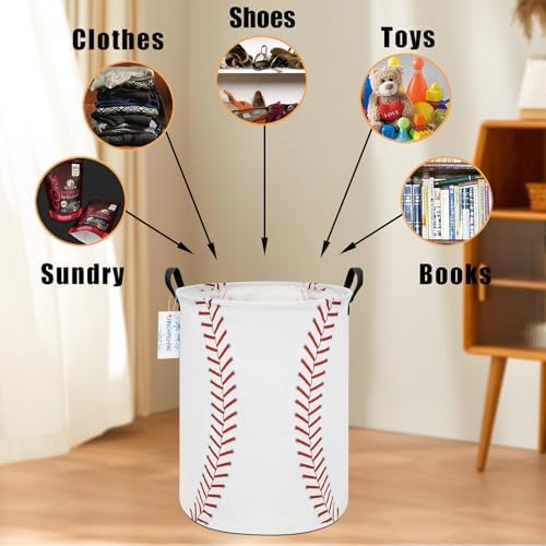 Round Laundry Basket Collapsible Storage Hamper Organizer Red Baseball - Image 4