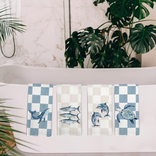 Preppy Coastal Beach Kitchen Towels and Dishcloths Set of 4, Nautical Beachy - Image 5