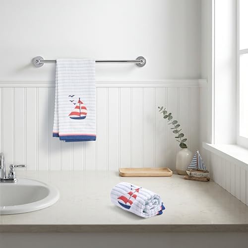 Ritz 2-Piece Cotton Velour Bathroom Hand Towel Set, Embroidered Sailboat Design - Image 4