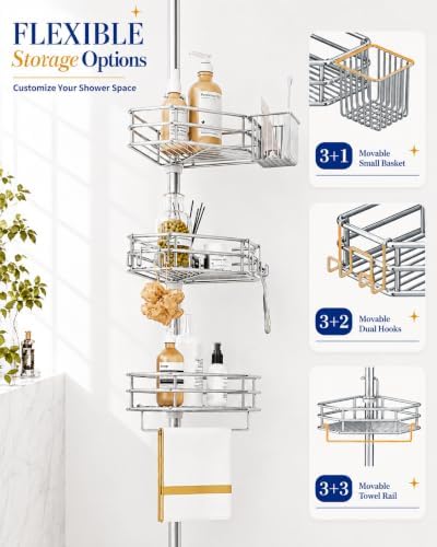 SEIRIONE Corner Shower Caddy Tension Pole, Quick Setup, Rust-Free Bathroom - Image 5