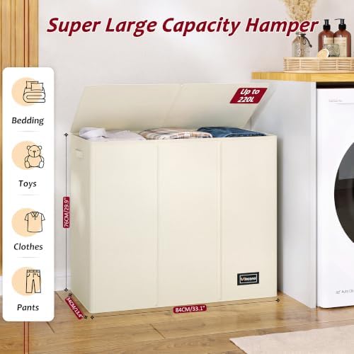220L Laundry Hamper 3 Section, Large Laundry Hamper - Image 2