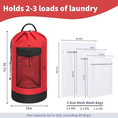 150L Laundry Bag Backpack with 3 Sizes Mesh Wash Bags and Shoulder Straps - Image 2