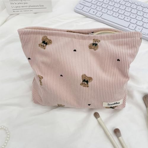 SxoSyo Corduroy Makeup Bags, Bear Cosmetic Pouch Large Purse - Image 2