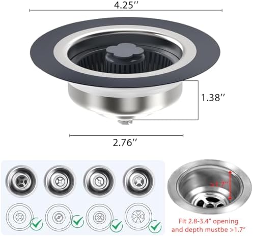 3 in 1 Kitchen Sink Drain Strainer and Stopper Combo, Stainless Steel Pop Up - Image 3