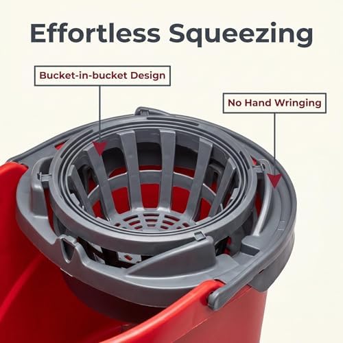 Mop Bucket with Wringer and Handle, 2.5 Gallon Floor Cleaning Bucket Red - Image 3