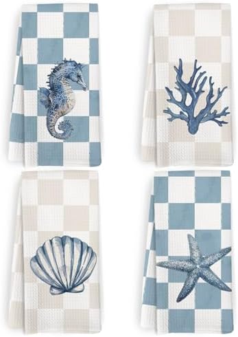 Preppy Coastal Kitchen Towels and Dishcloths Set of 4, Beachy Checkered by HFXHANGD