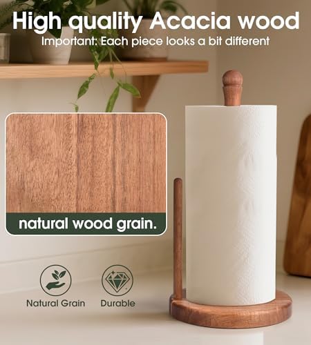 Farmhouse Acacia Wood Paper Towel Holder Countertop, Weighted Base - Image 2