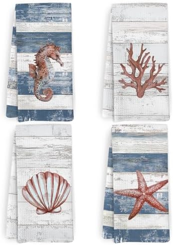 Coastal Beachy Kitchen Towels and Dishcloths Set of 4, Nautical Starfish by HFXHANGD