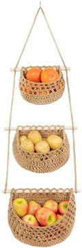 Cotton Hanging Fruit Basket, 3 Tier Woven wall Basket, hanging Storage baskets by JmzEHome