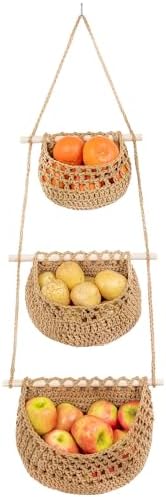 Cotton Hanging Fruit Basket, 3 Tier Woven wall Basket, hanging Storage baskets by JmzEHome