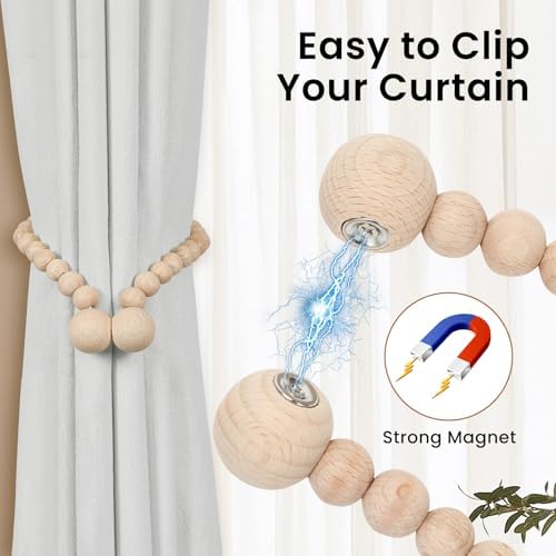 KLOGTSIND Magnetic Curtain Tiebacks, 6 Pack Wood Bead Curtain Holdbacks - Image 2