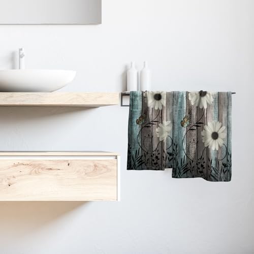 Rustic Barn White Daisy Hand Towels Flower Butterfly Teal Turquoise Brown - Image 6