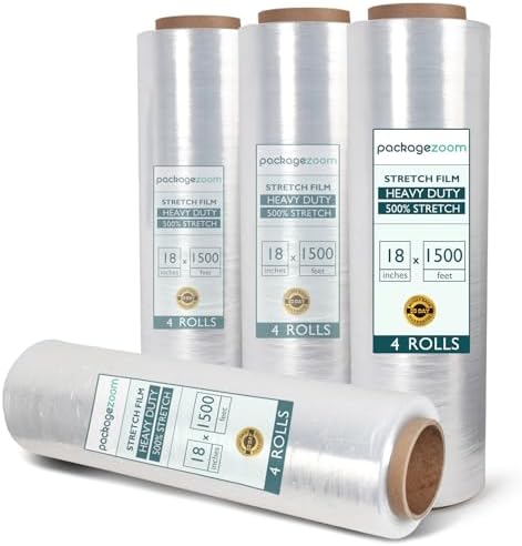 PackageZoom 4 Rolls Clear Stretch Wrap Film 18” x 1500 feet Plastic Wrap by packagezoom
