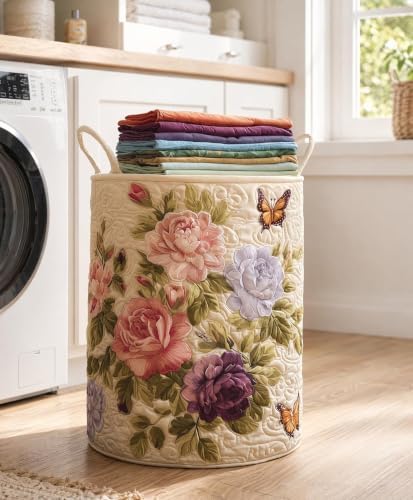 Quilted Laundry Basket with Handles, Boho Floral Quilted Storage Hamper - Image 4