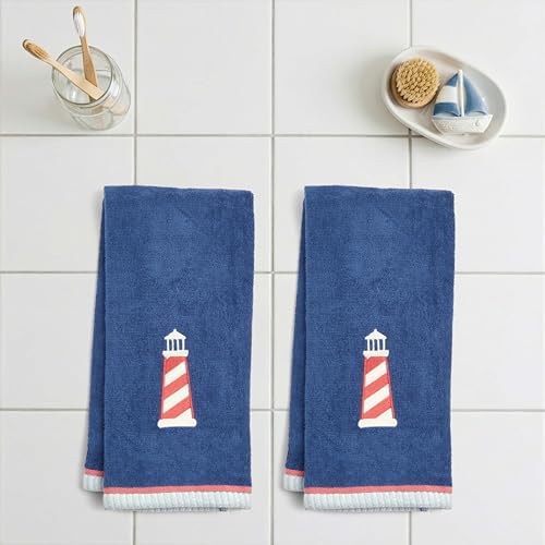 Ritz 2-Piece Cotton Velour Bathroom Hand Towel Set, Embroidered Lighthouse - Image 3