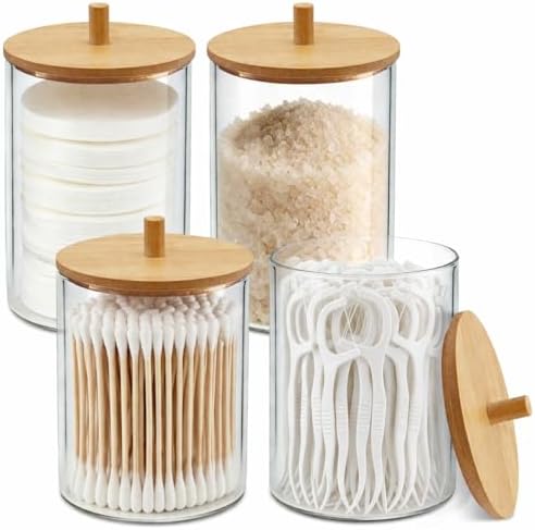4 Pack Glass Qtip Holder with Bamboo Lids, 10 oz Apothecary Jars by Unknown