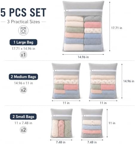 Gray 5-piece set in bags, durable cotton mesh laundry bags, sturdy zipper - Image 4