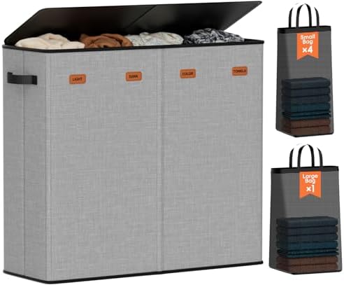 Laundry Hamper 4-Section with Lid, 185L Laundry Sorter with 4 Removable Bags + by Vexalora
