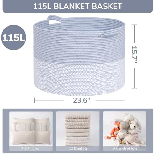 INDRESSME 115L Extra Large Woven Rope Blanket Basket Living Room Blue - Image 2