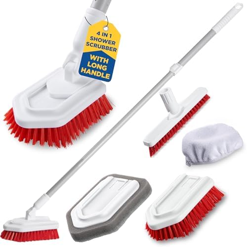 Shower Scrubber with Long Handle, Stiff Bristles Grout-Brush, Tub Scrub-Brush by FoxTrotLiving