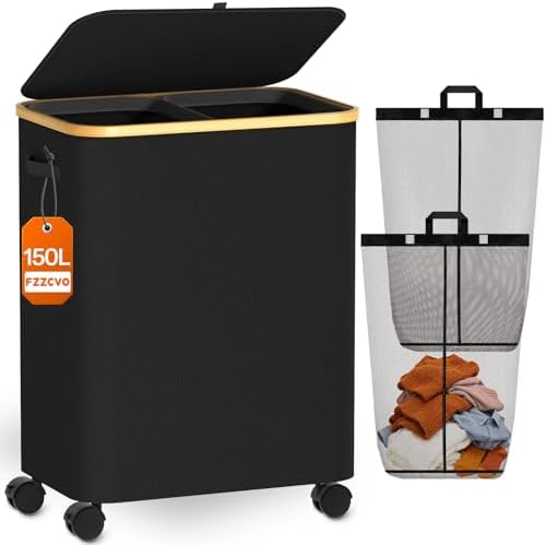 Double Laundry Basket with Wheels and Lid, 150L Clothes Hampers by Fzzcvo
