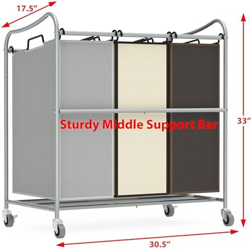 Simple Houseware Heavy Duty 3-Bag Laundry Sorter Rolling Cart - Image 3